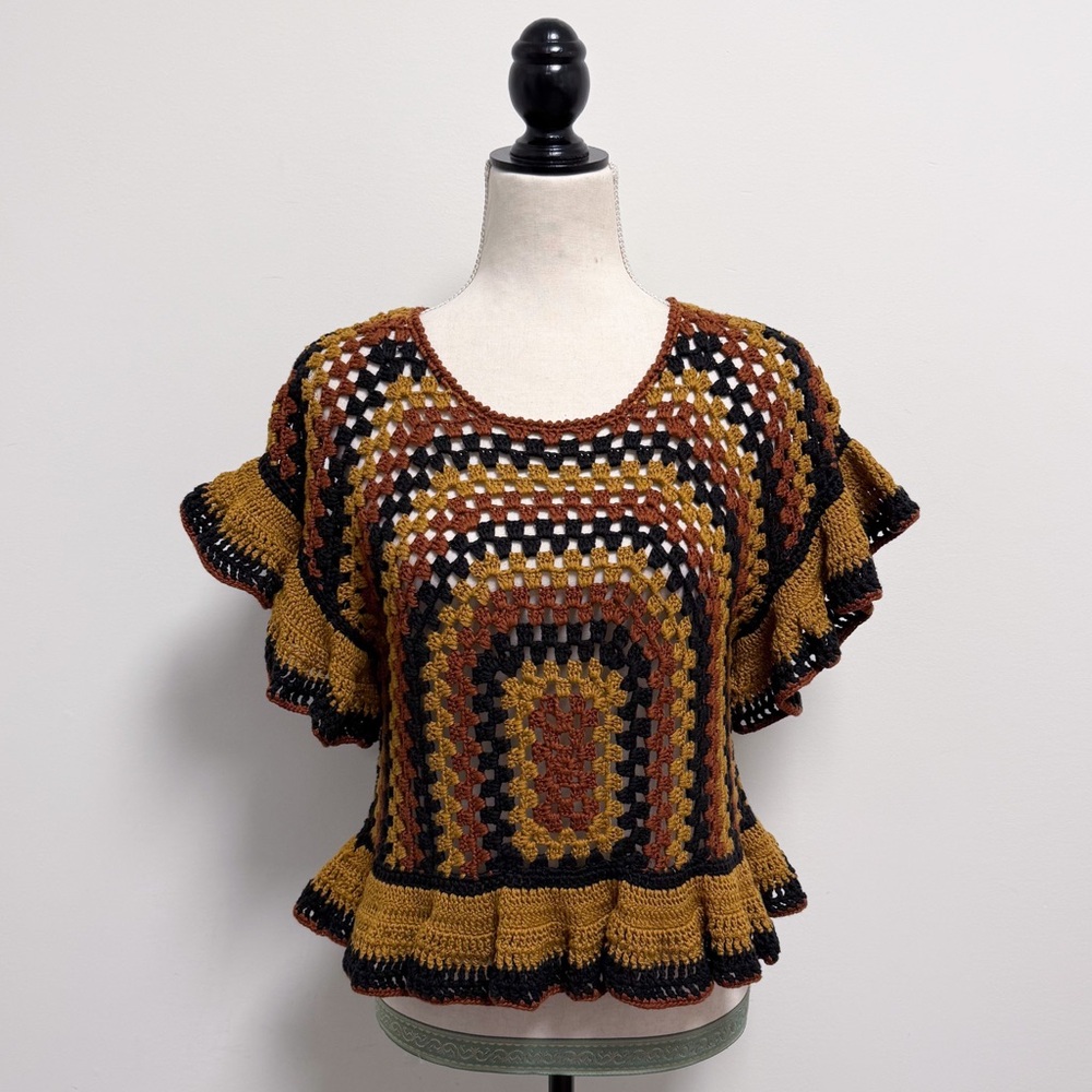 Zara Black Brown Crochet Granny Square Short Ruffle Sleeve Open Knit Top Small